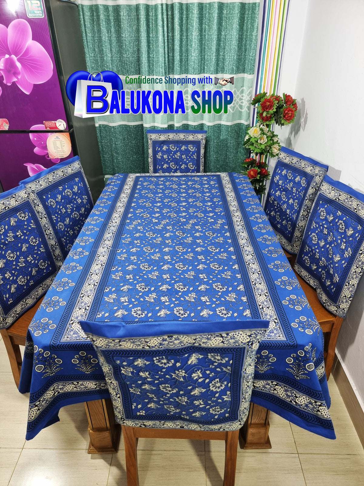 ব্লক প্রিন্ট সুতির ডাইনিং টেবিল কভার সেট