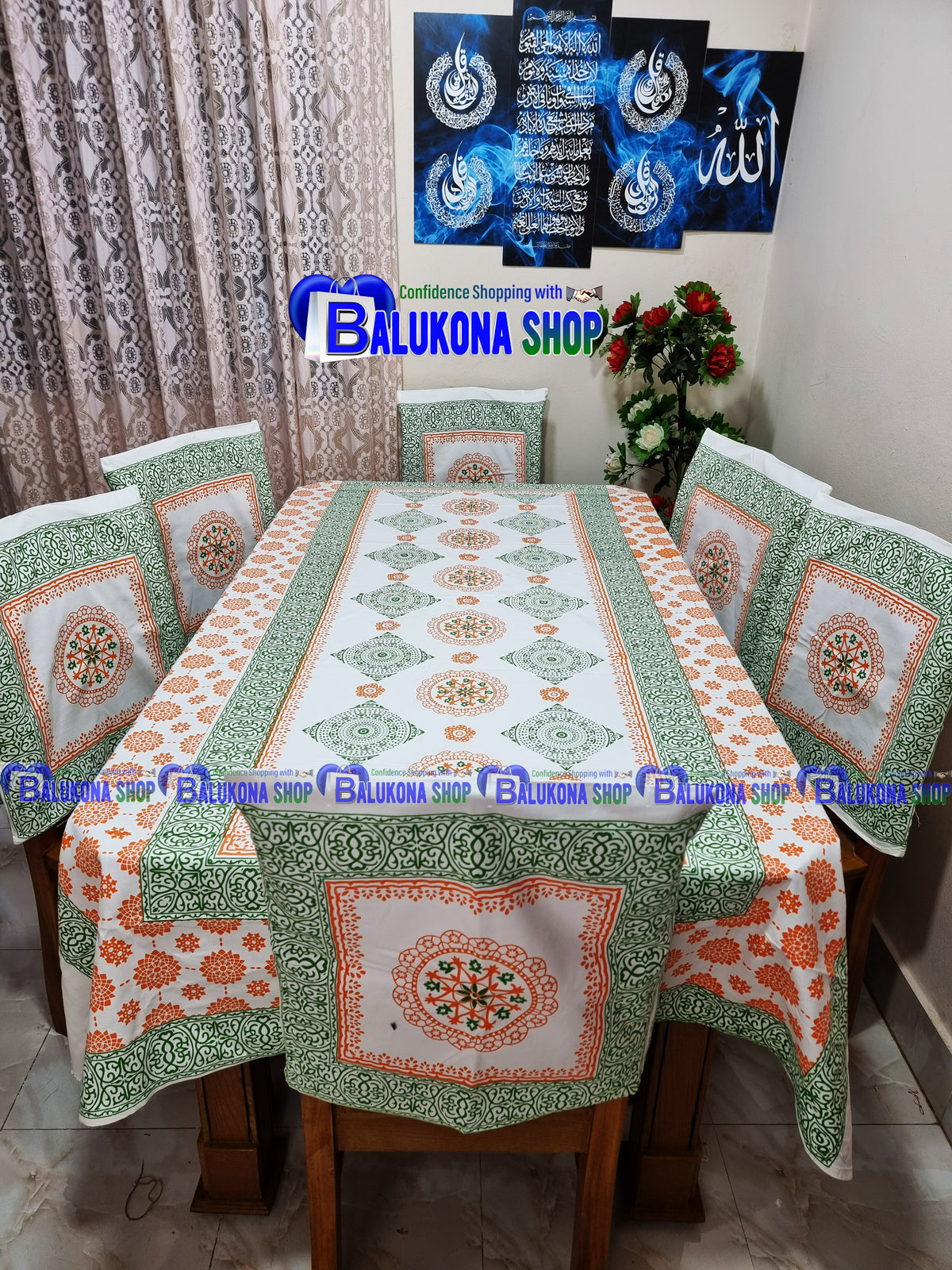 ব্লক প্রিন্ট সুতির ডাইনিং টেবিল কভার সেট