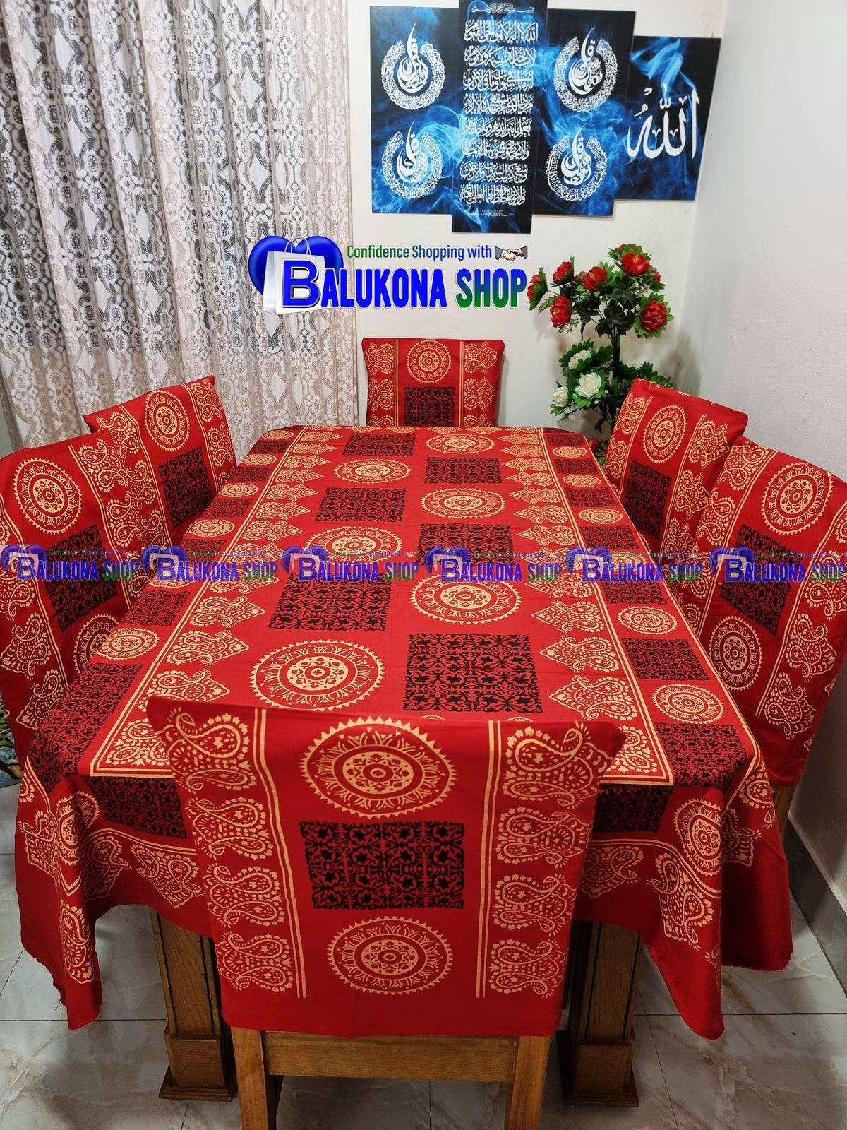ব্লক প্রিন্ট সুতির ডাইনিং টেবিল কভার সেট