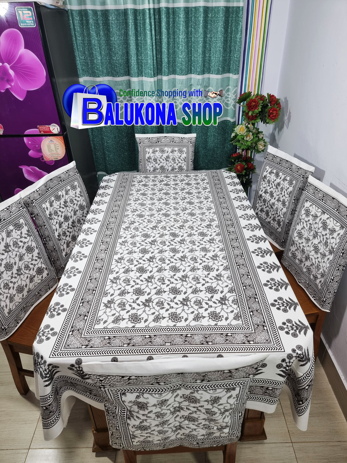 ব্লক প্রিন্ট সুতির ডাইনিং টেবিল কভার সেট