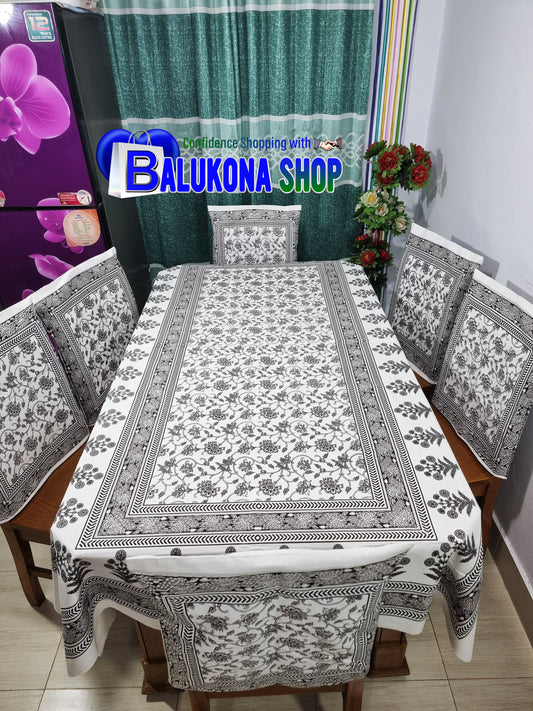 ব্লক প্রিন্ট সুতির ডাইনিং টেবিল কভার সেট
