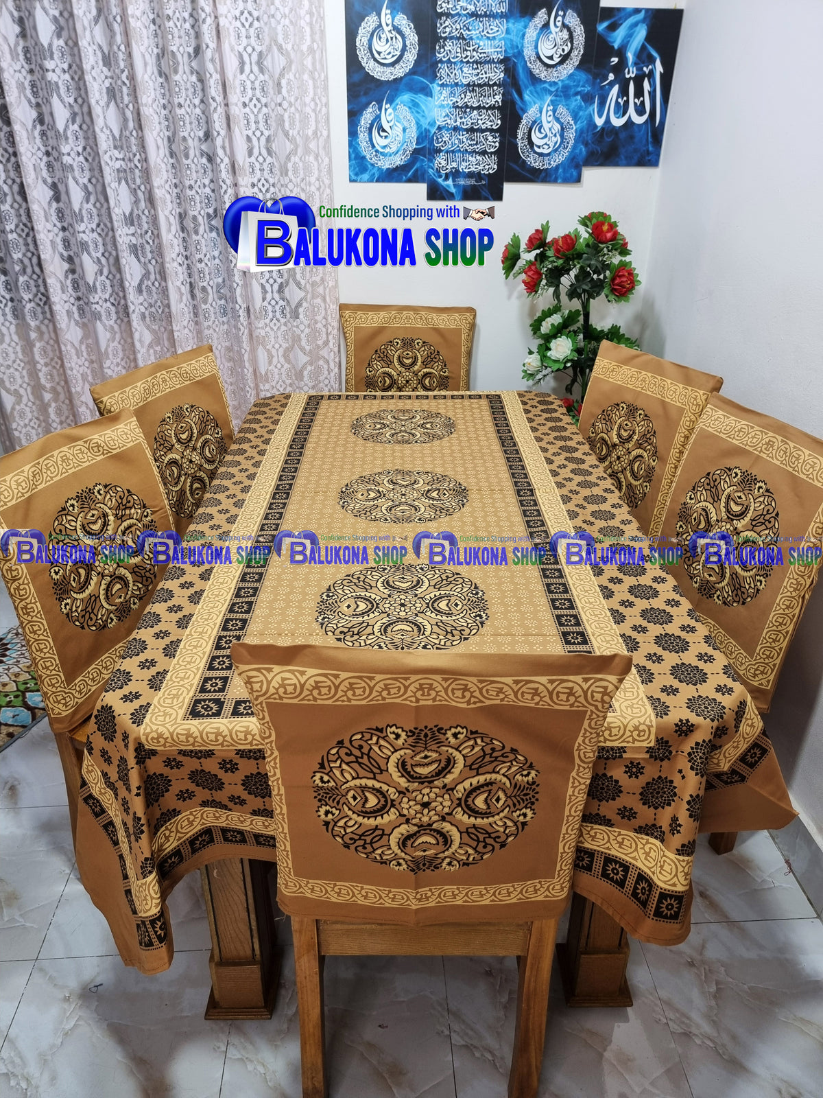 ব্লক প্রিন্ট সুতির ডাইনিং টেবিল কভার সেট