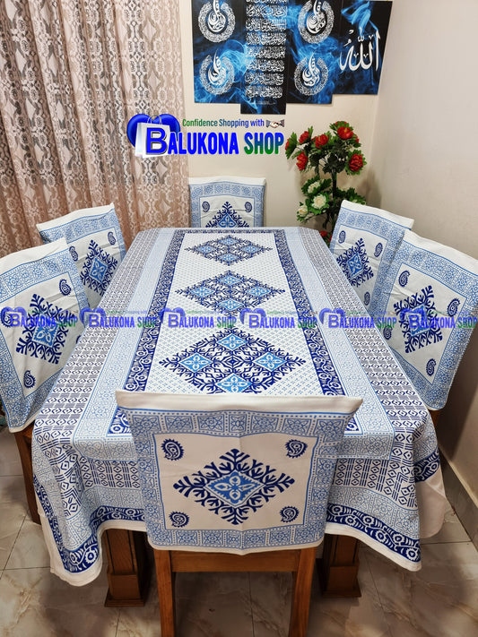 ব্লক প্রিন্ট সুতির ডাইনিং টেবিল কভার সেট