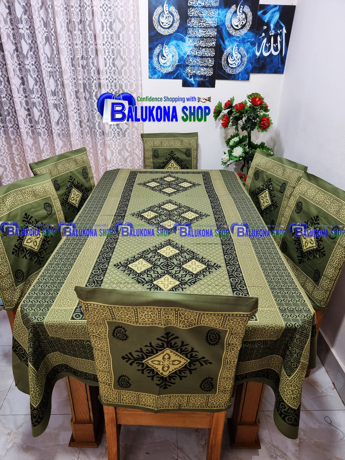 ব্লক প্রিন্ট সুতির ডাইনিং টেবিল কভার সেট