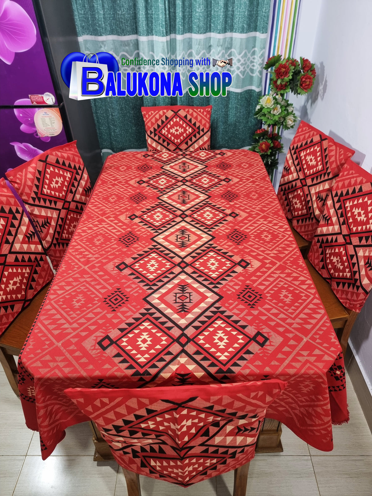 ব্লক প্রিন্ট সুতির ডাইনিং টেবিল কভার সেট