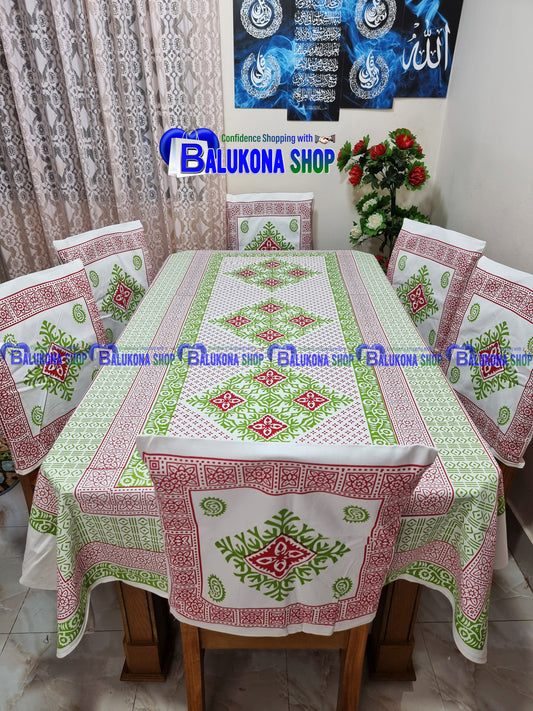 ব্লক প্রিন্ট সুতির ডাইনিং টেবিল কভার সেট