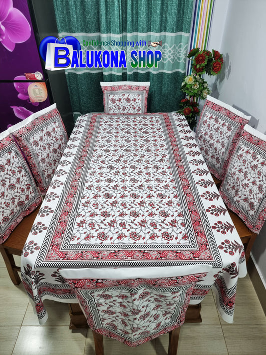 ব্লক প্রিন্ট সুতির ডাইনিং টেবিল কভার সেট