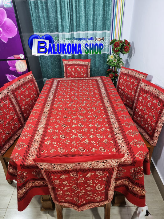 ব্লক প্রিন্ট সুতির ডাইনিং টেবিল কভার সেট