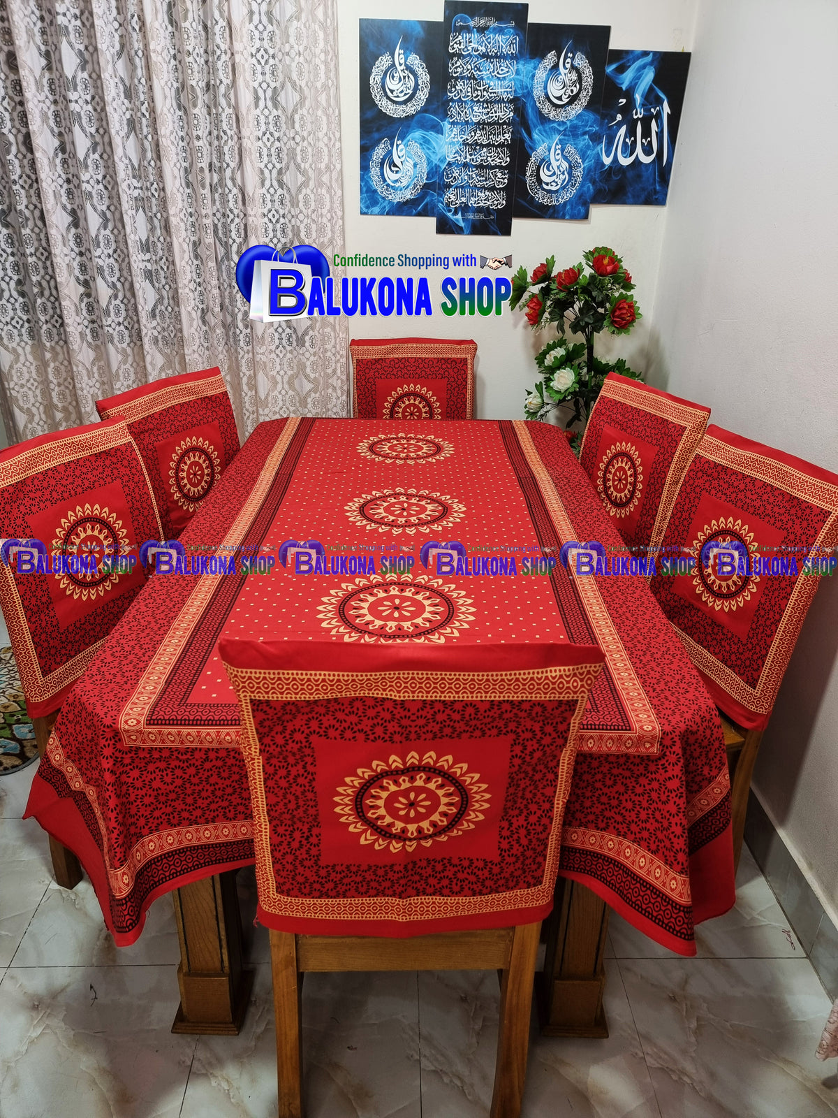 ব্লক প্রিন্ট সুতির ডাইনিং টেবিল কভার সেট