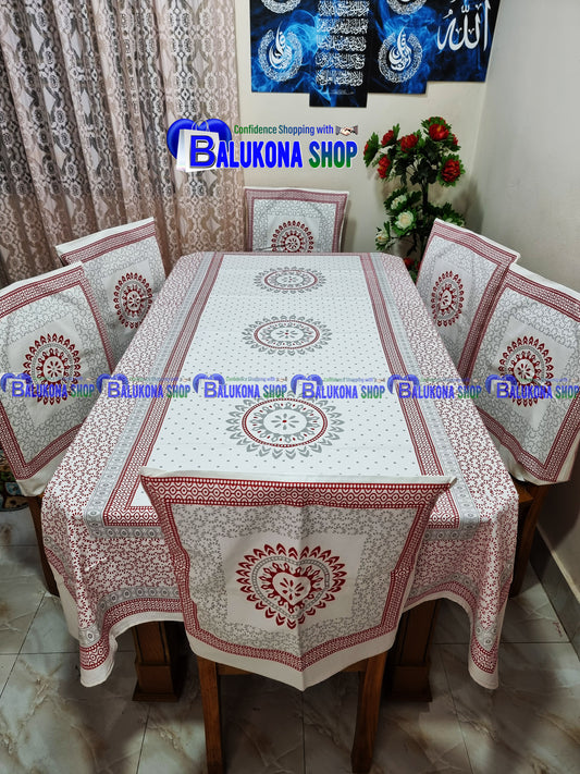 ব্লক প্রিন্ট সুতির ডাইনিং টেবিল কভার সেট