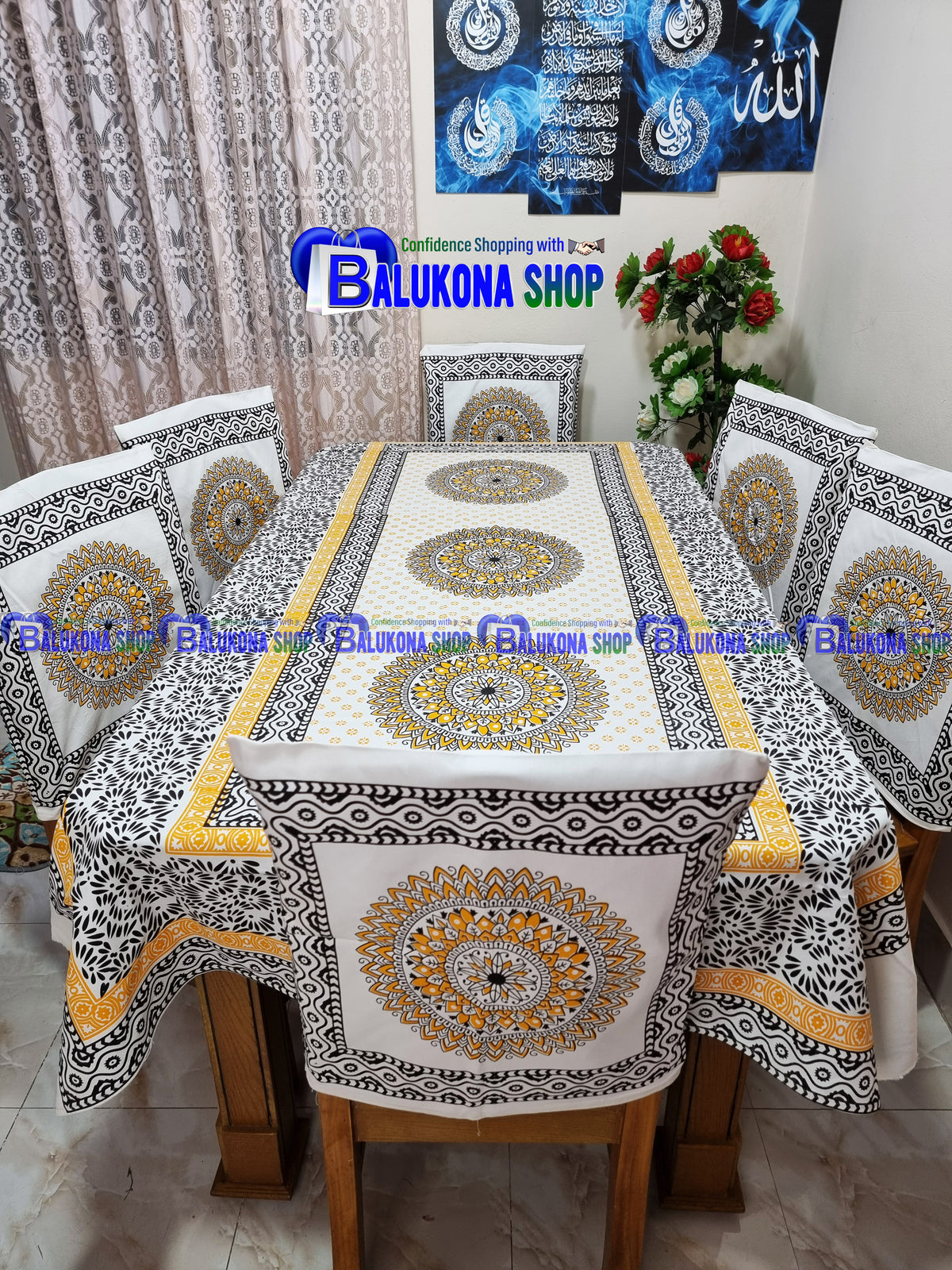 ব্লক প্রিন্ট সুতির ডাইনিং টেবিল কভার সেট