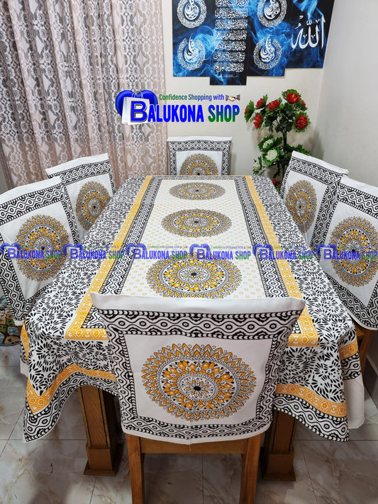 ব্লক প্রিন্ট সুতির ডাইনিং টেবিল কভার সেট