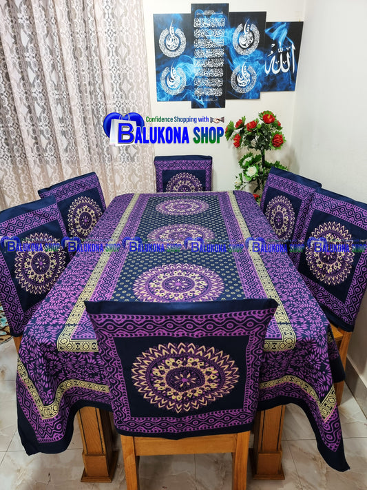 ব্লক প্রিন্ট সুতির ডাইনিং টেবিল কভার সেট