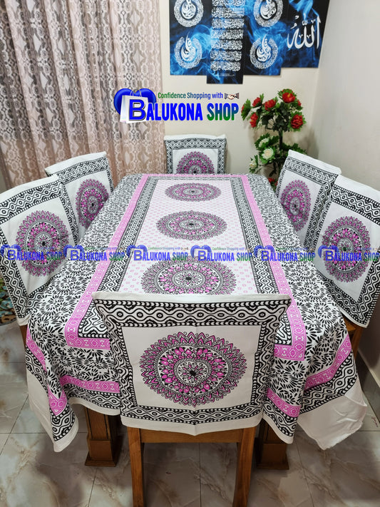 ব্লক প্রিন্ট সুতির ডাইনিং টেবিল কভার সেট