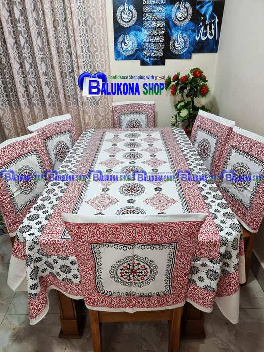 ব্লক প্রিন্ট সুতির ডাইনিং টেবিল কভার সেট
