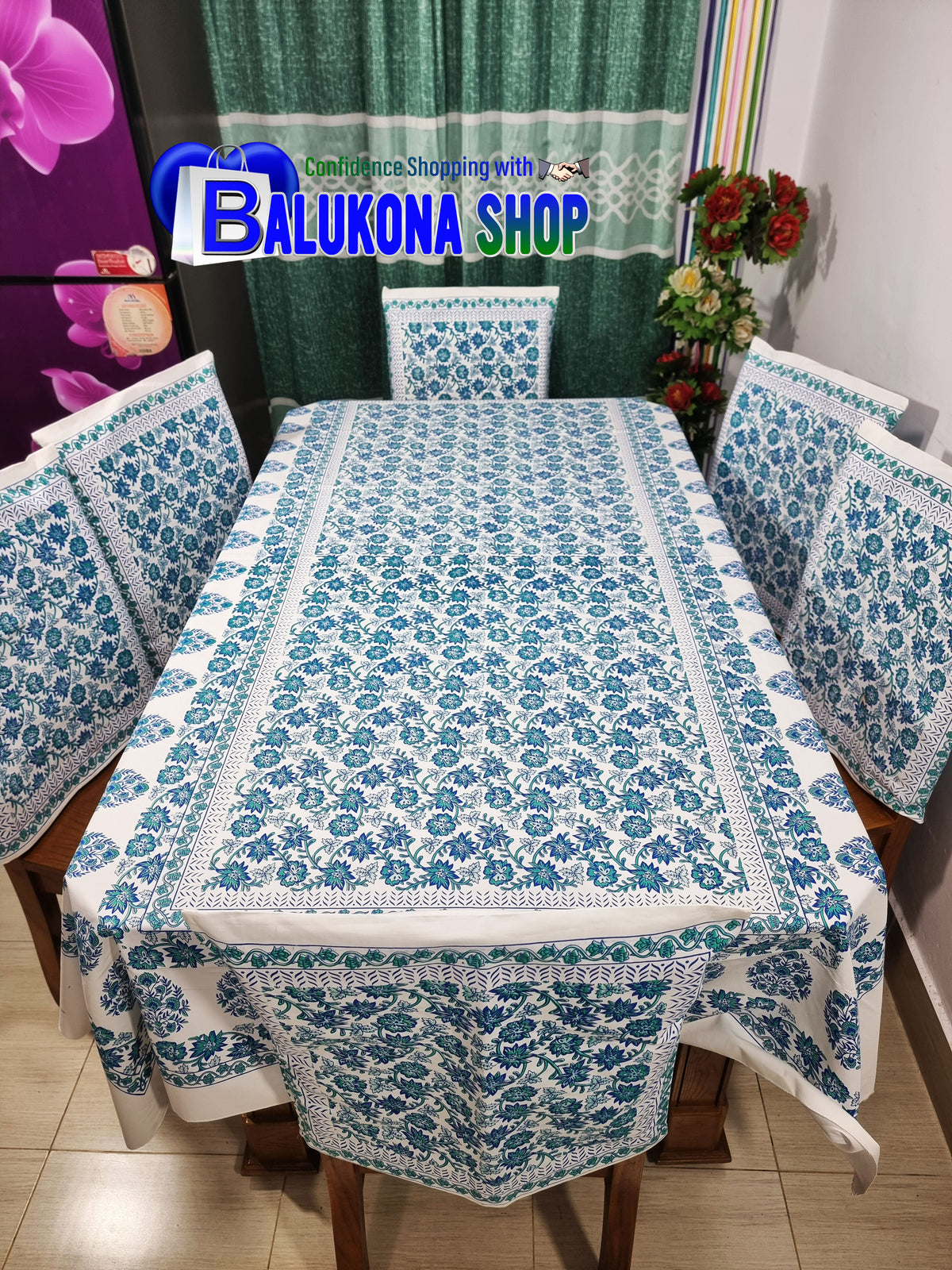ব্লক প্রিন্ট সুতির ডাইনিং টেবিল কভার সেট