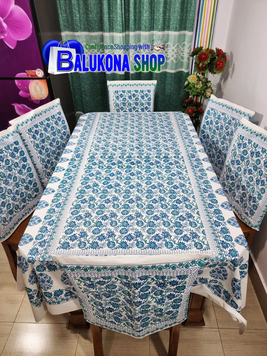 ব্লক প্রিন্ট সুতির ডাইনিং টেবিল কভার সেট