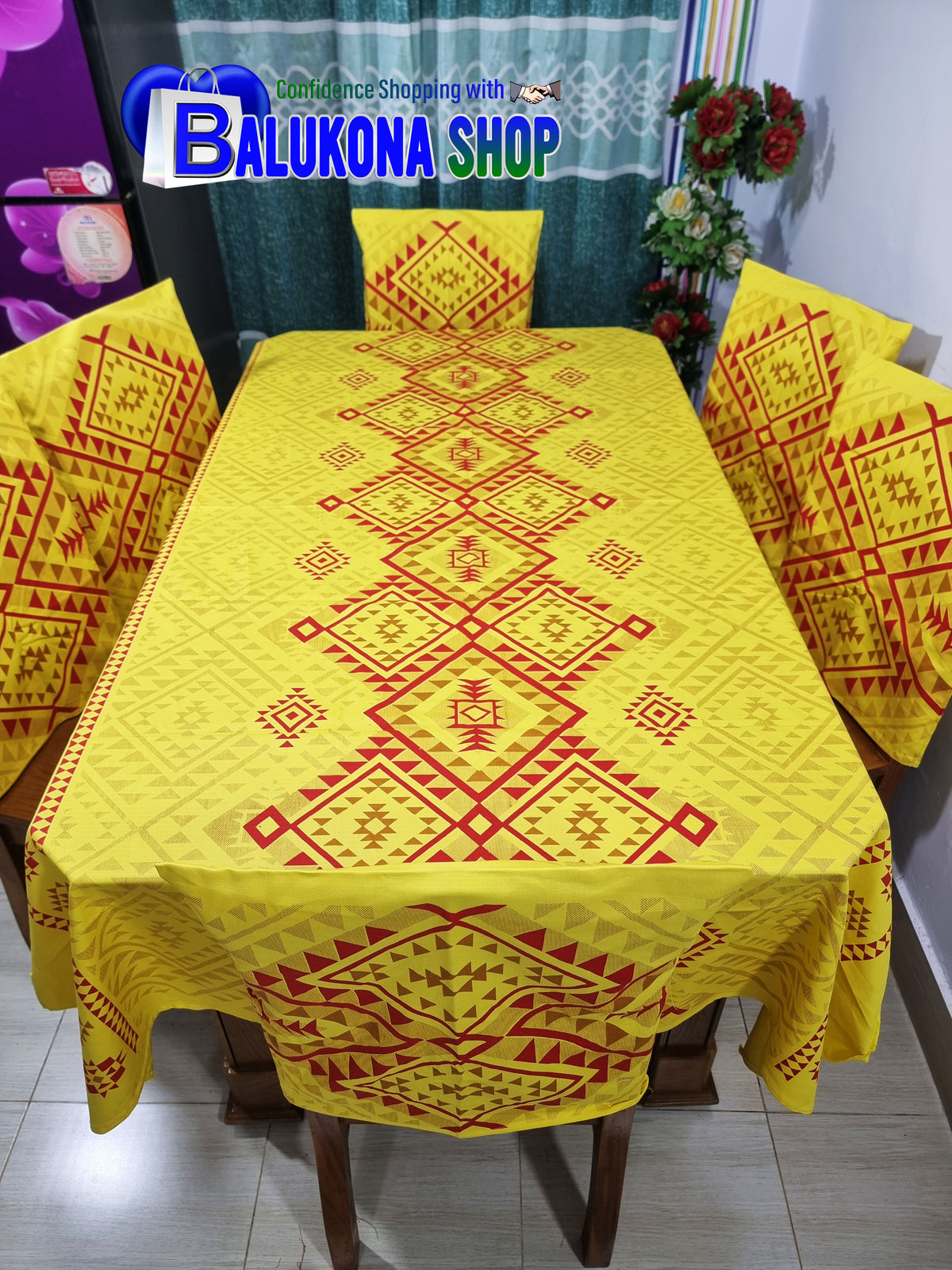 ব্লক প্রিন্ট সুতির ডাইনিং টেবিল কভার সেট