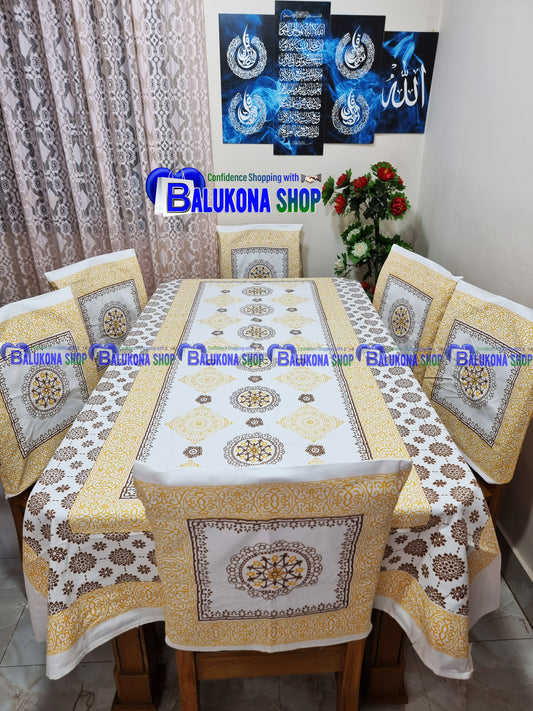 ব্লক প্রিন্ট সুতির ডাইনিং টেবিল কভার সেট